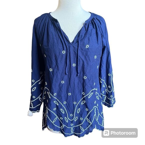 MudPie Size Small Long Sleeve Flare Bell Sleeved Embroidered Navy Blue Tunic - Picture 1 of 6